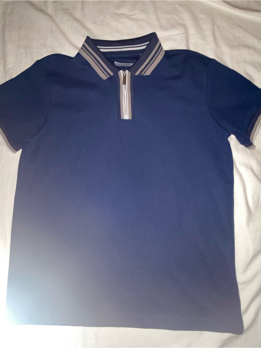 Navy Short-Sleeve Zip Polo with Contrast Stripe Collar
